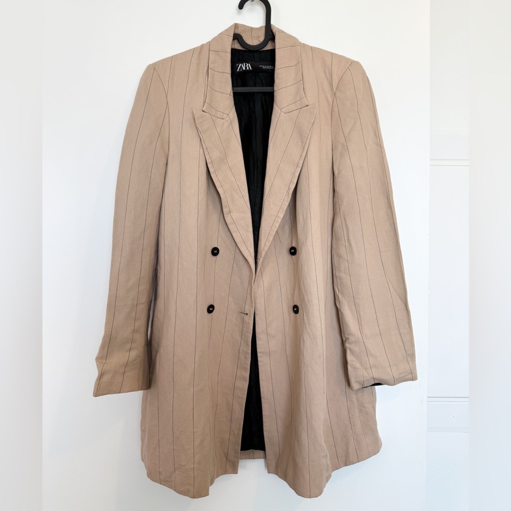 Zara Camel Beige Striped Double Breasted Blazer Jacket Size XS